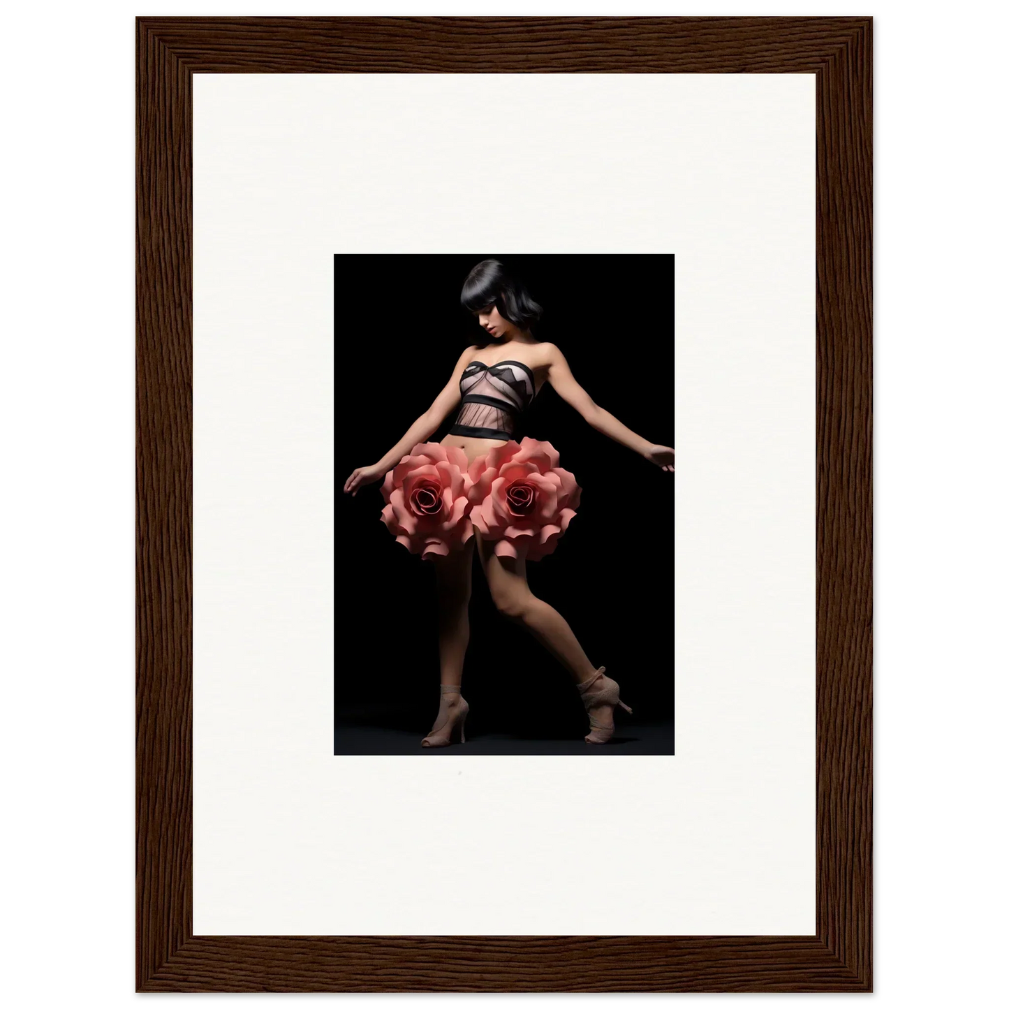 Framed wall art of a woman in a dress with red roses for elegant room decor