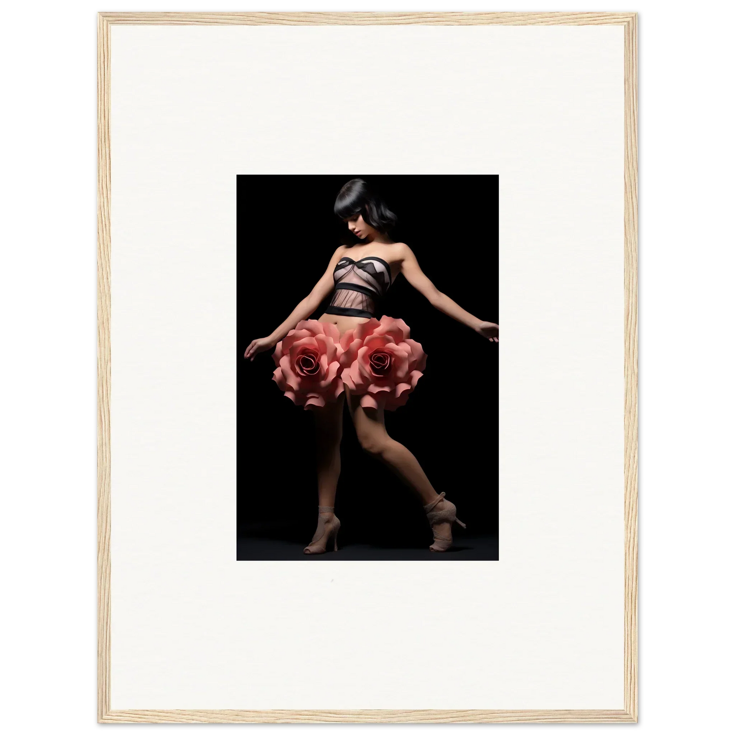 Dancer in oversized rose petal skirt, enhancing Floral Whisper Shapes room decor