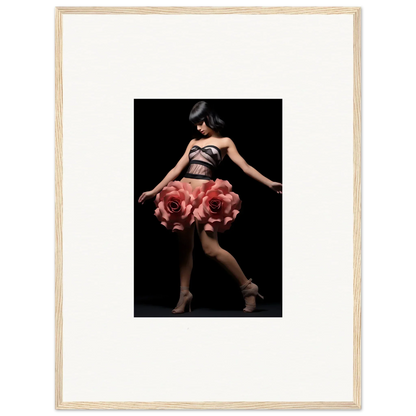 Dancer in oversized rose petal skirt, enhancing Floral Whisper Shapes room decor