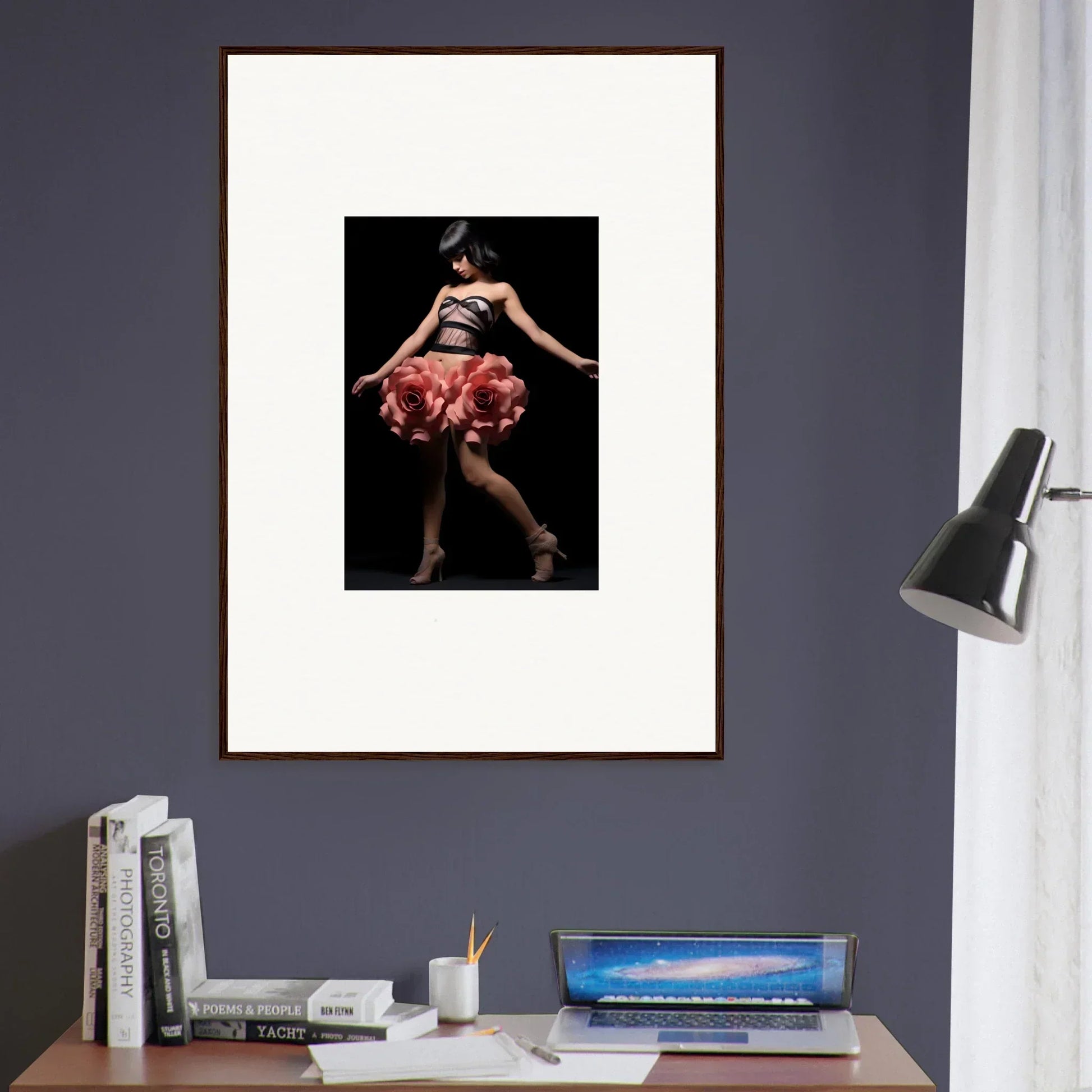 Framed wall art of a dancer in a red skirt highlighting whisper shapes for room decor