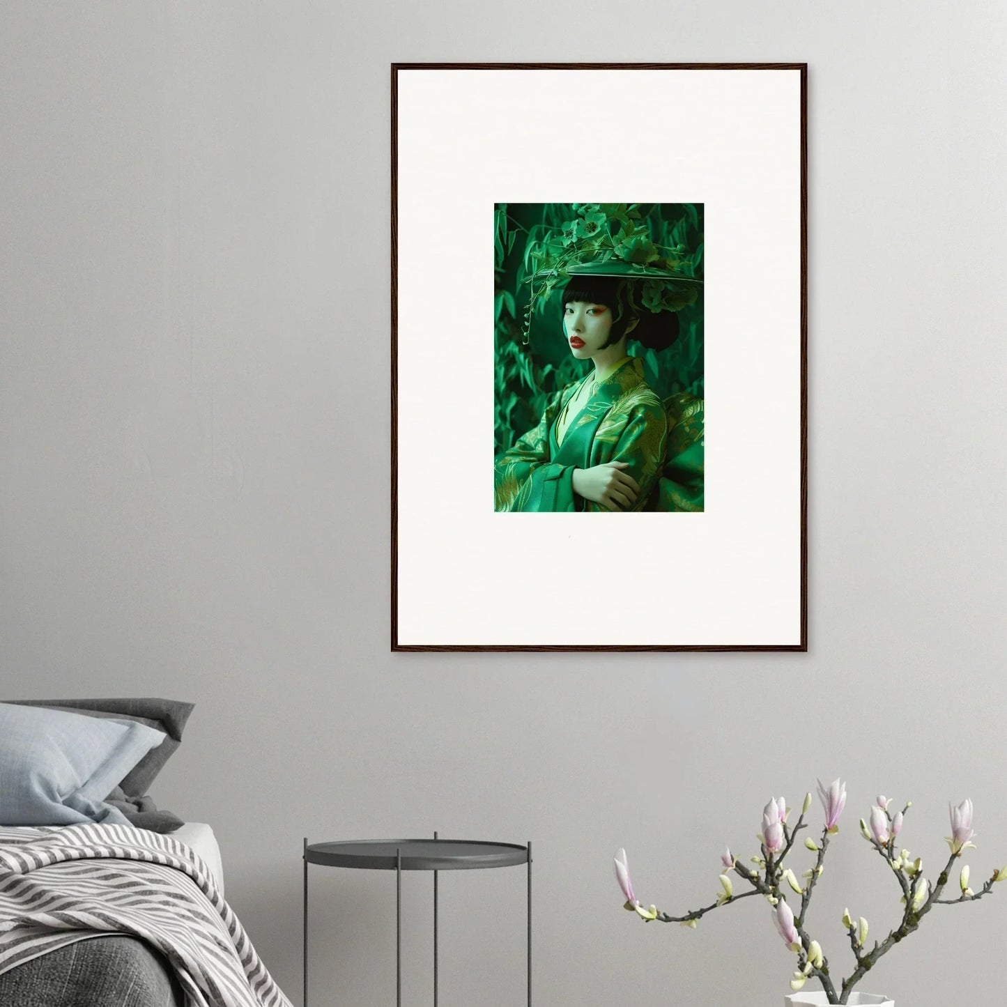 Framed canvas print of a hat-wearing person in green for your room decoration