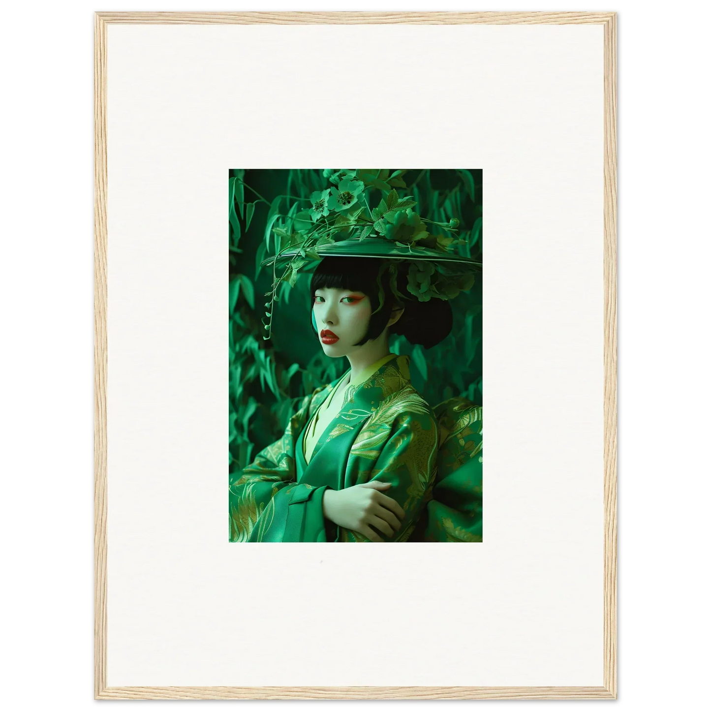 Framed canvas print of a woman in green for a charming room decoration - Whispering Spectacle