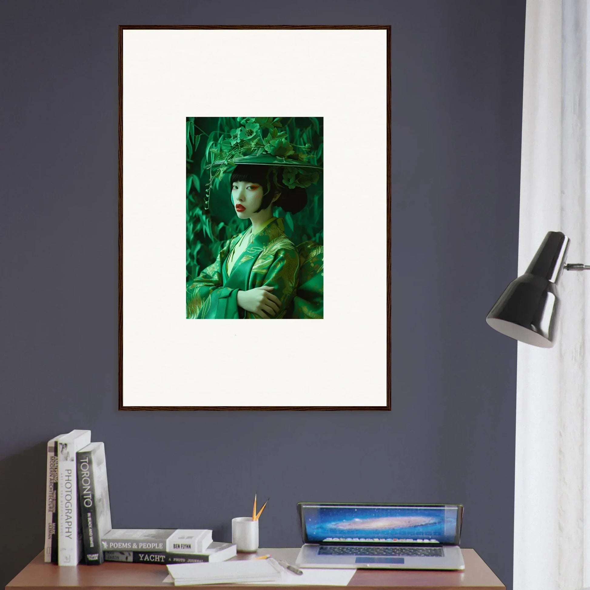 Framed portrait in green for a vibrant room decoration from Flora’s Whispering Spectacle