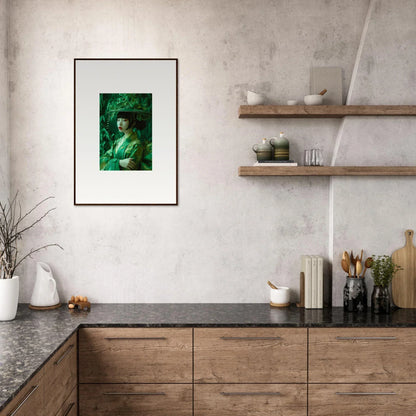 Framed portrait painting in greens, perfect for a room decoration or canvas print with a whispering spectacle vibe