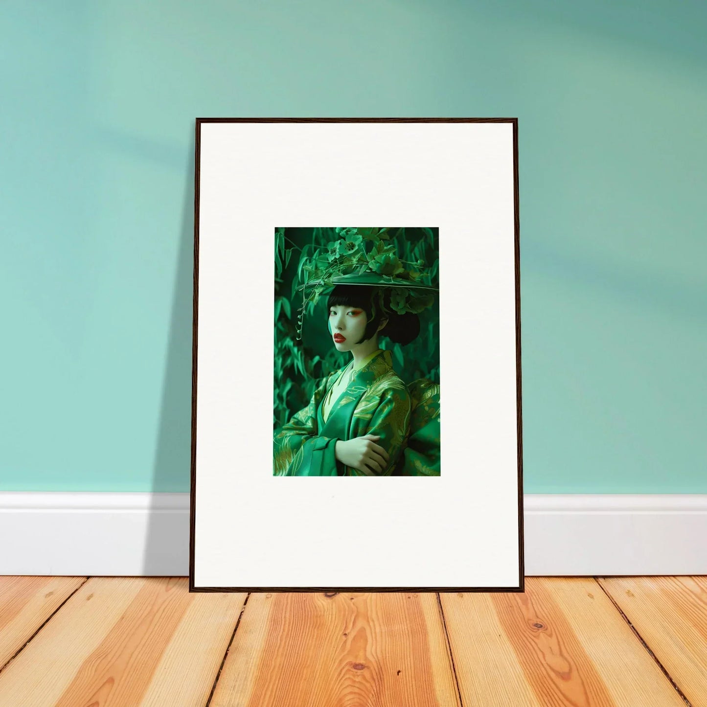 Framed portrait of a person in a green hat, perfect for room decoration as a canvas print