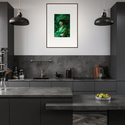 Modern dark gray kitchen featuring a whispering spectacle canvas print as room decor