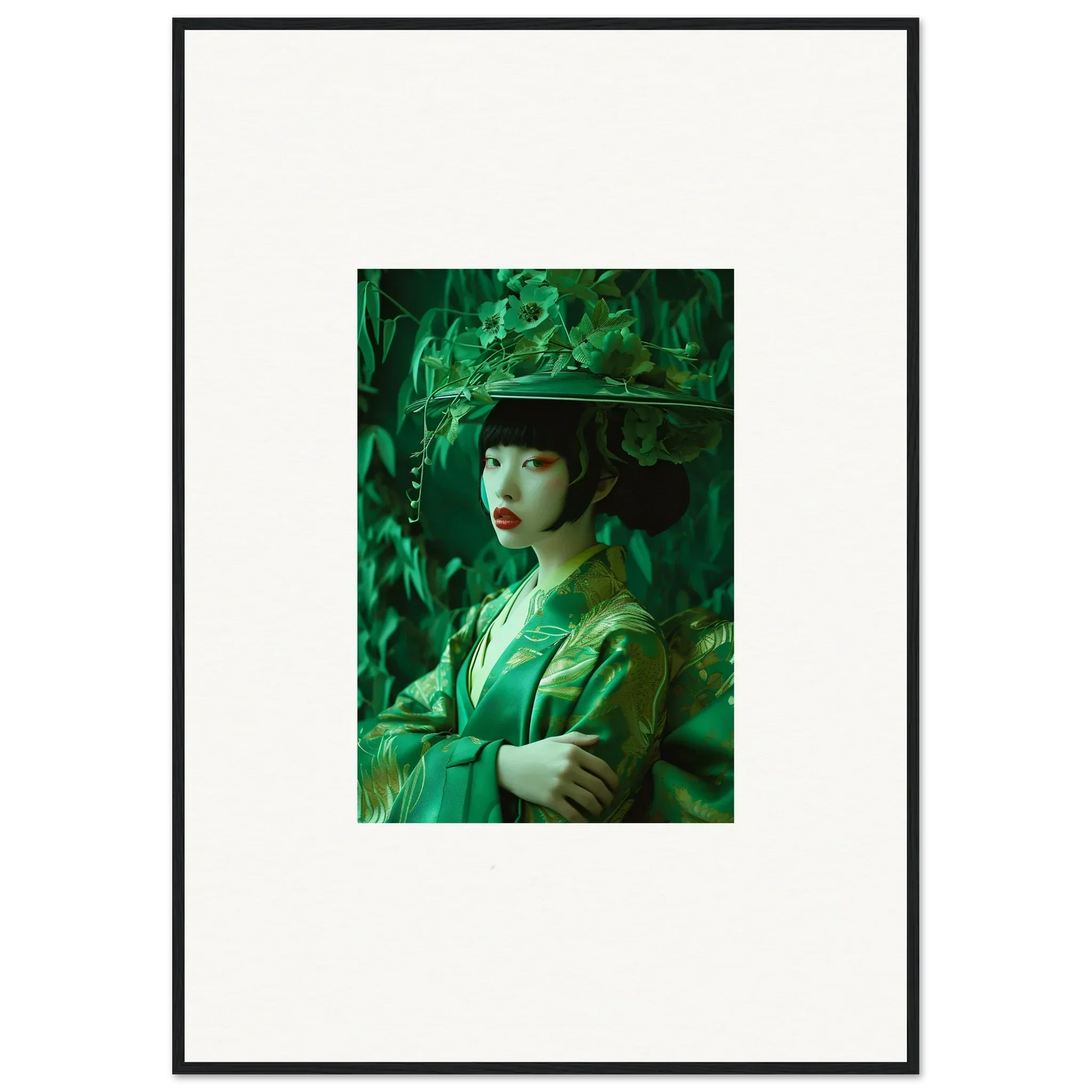 Framed canvas print of a green-toned person with an ornate hat for room decoration