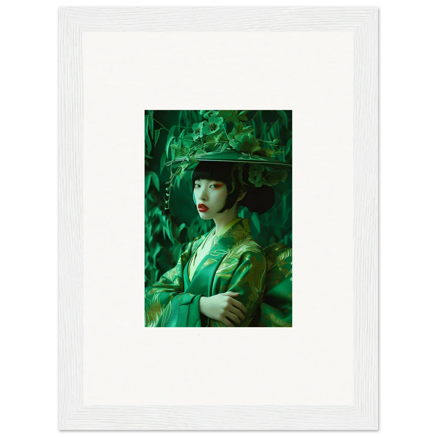 Portrait of a woman in green hat, perfect for your Flora’s Whispering Spectacle canvas print