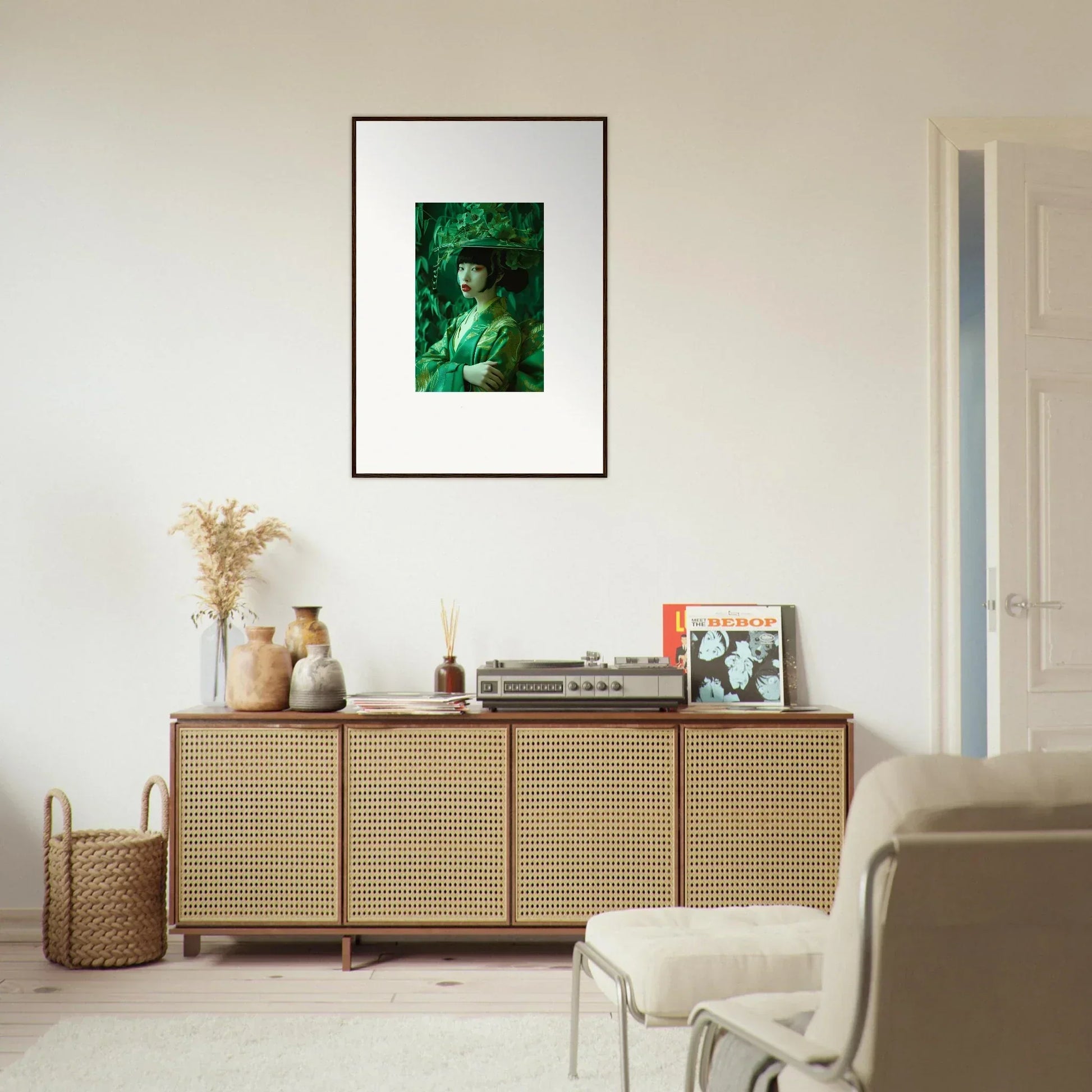 Framed portrait in green tones for your room decoration, a whispering spectacle