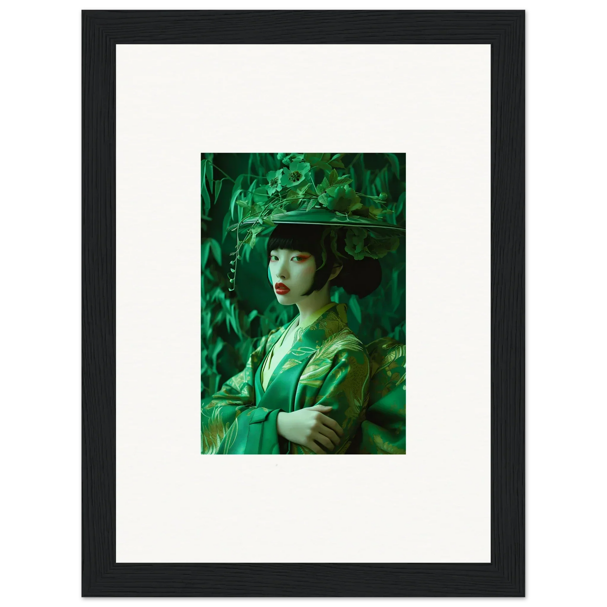 Framed canvas print of a woman in green attire for room decoration in Whispering Spectacle