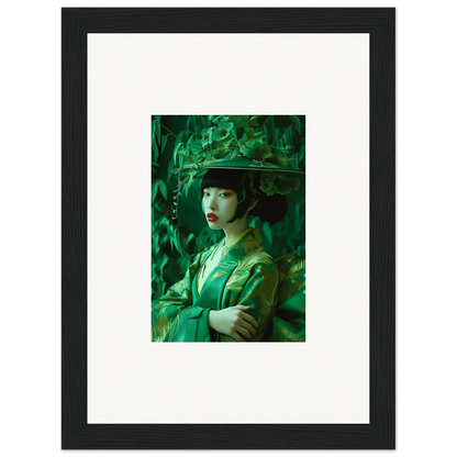 Framed canvas print of a woman in green attire for room decoration in Whispering Spectacle