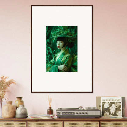 Framed portrait of a person in green for vibrant room decoration, part of Whispering Spectacle