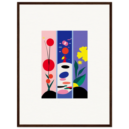 Framed canvas print of vibrant huescape bloom with abstract floral and geometric shapes