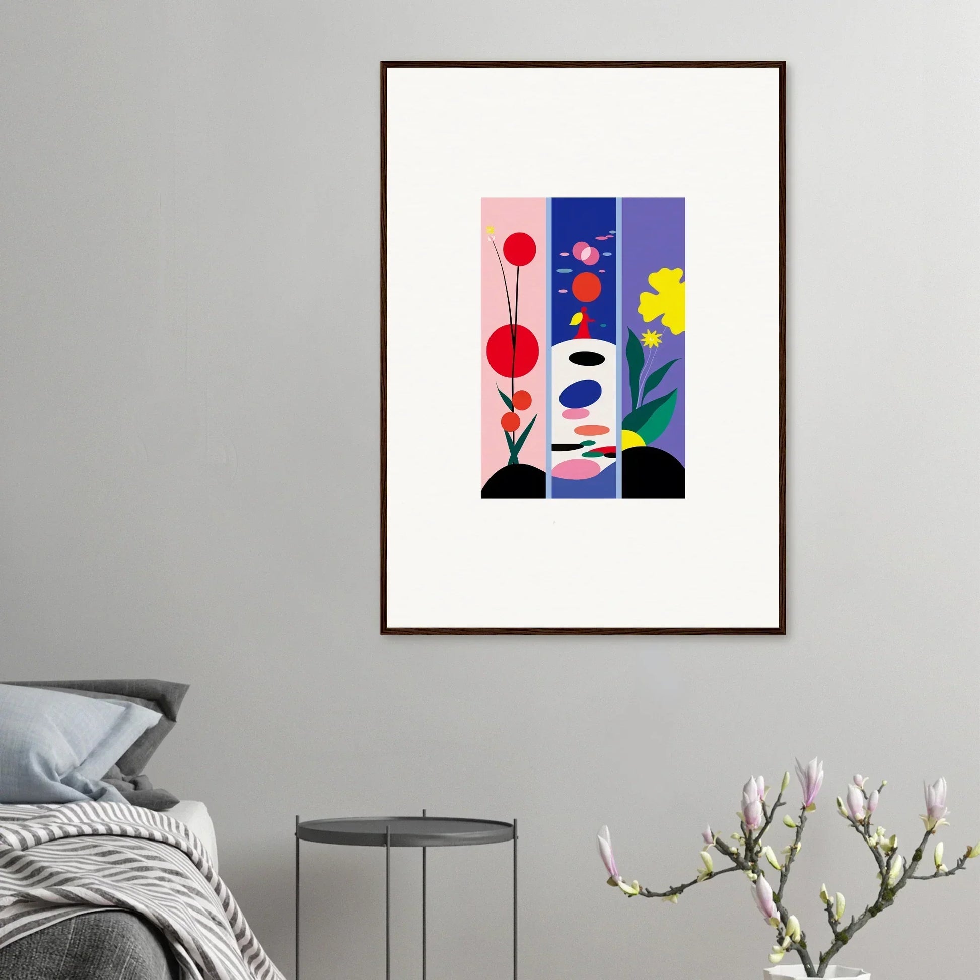 Framed abstract canvas print of colorful geometric shapes for Huescape Bloom room decoration