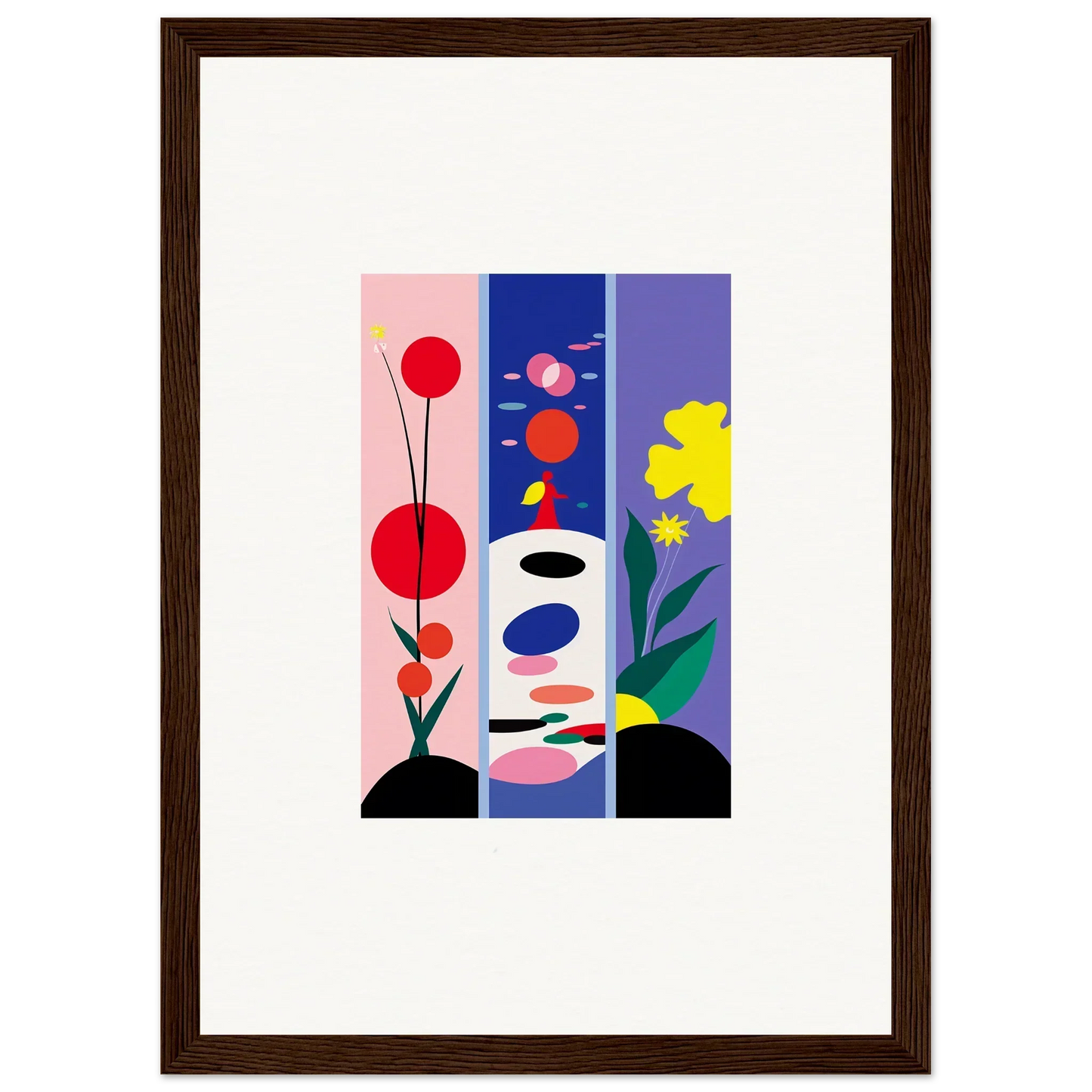 Framed canvas print of colorful geometric shapes and floral elements for room decoration