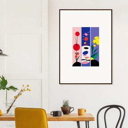 Framed canvas print of Huescape Bloom with colorful shapes and floral elements for room decoration