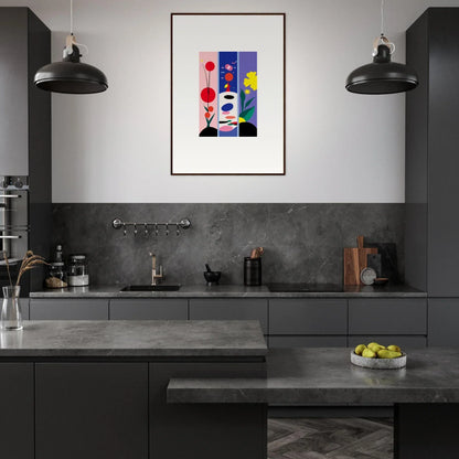 Modern kitchen with dark cabinets, concrete counters, and a vibrant Huescape Bloom canvas print