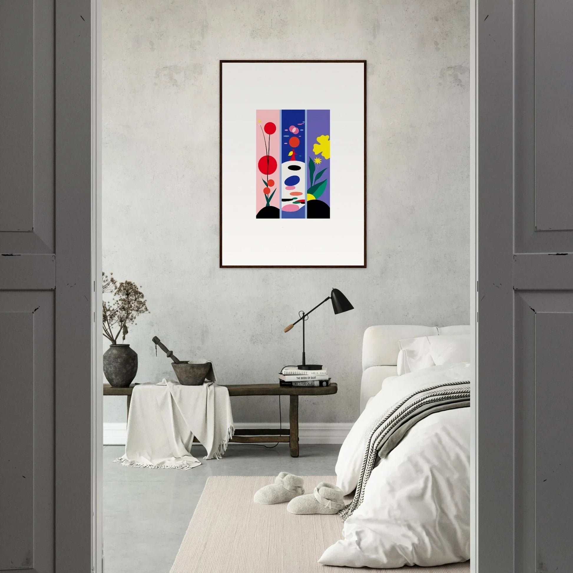 Framed abstract canvas print of colorful geometric shapes for room decoration with Huescape Bloom