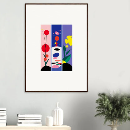 Framed abstract canvas print of Huescape Bloom with colorful shapes and flowers