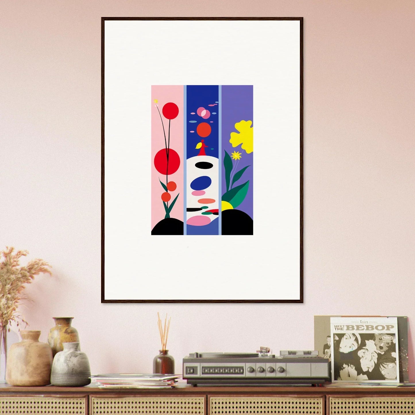 Framed abstract canvas print of Florid Huescape Bloom with colorful blocks and flowers