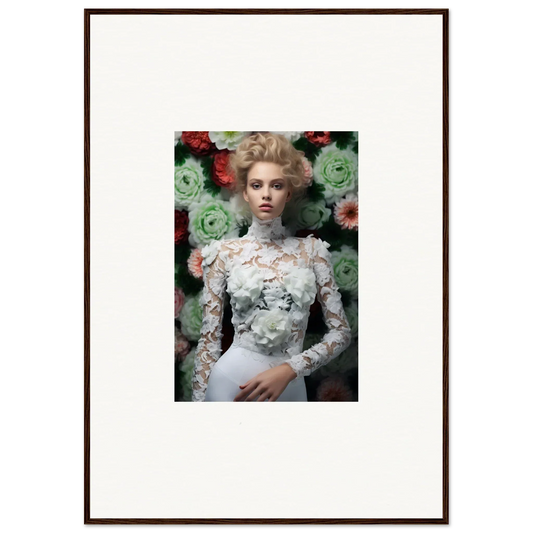 Framed portrait of a woman in an ornate white lace dress against a floral backdrop.