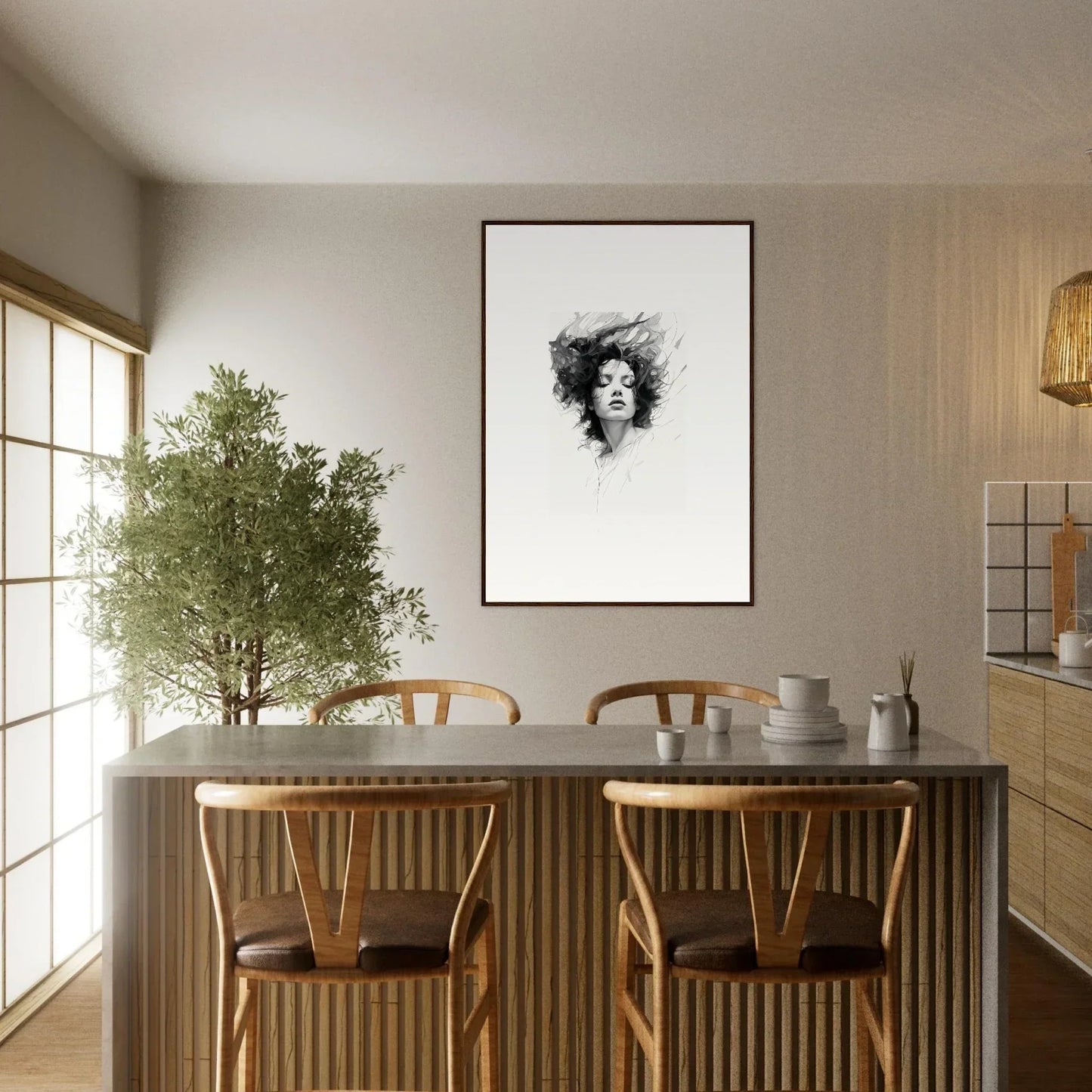 Dining area with stylish table and chairs, featuring framed wall art that enhances Dreambound Elegance