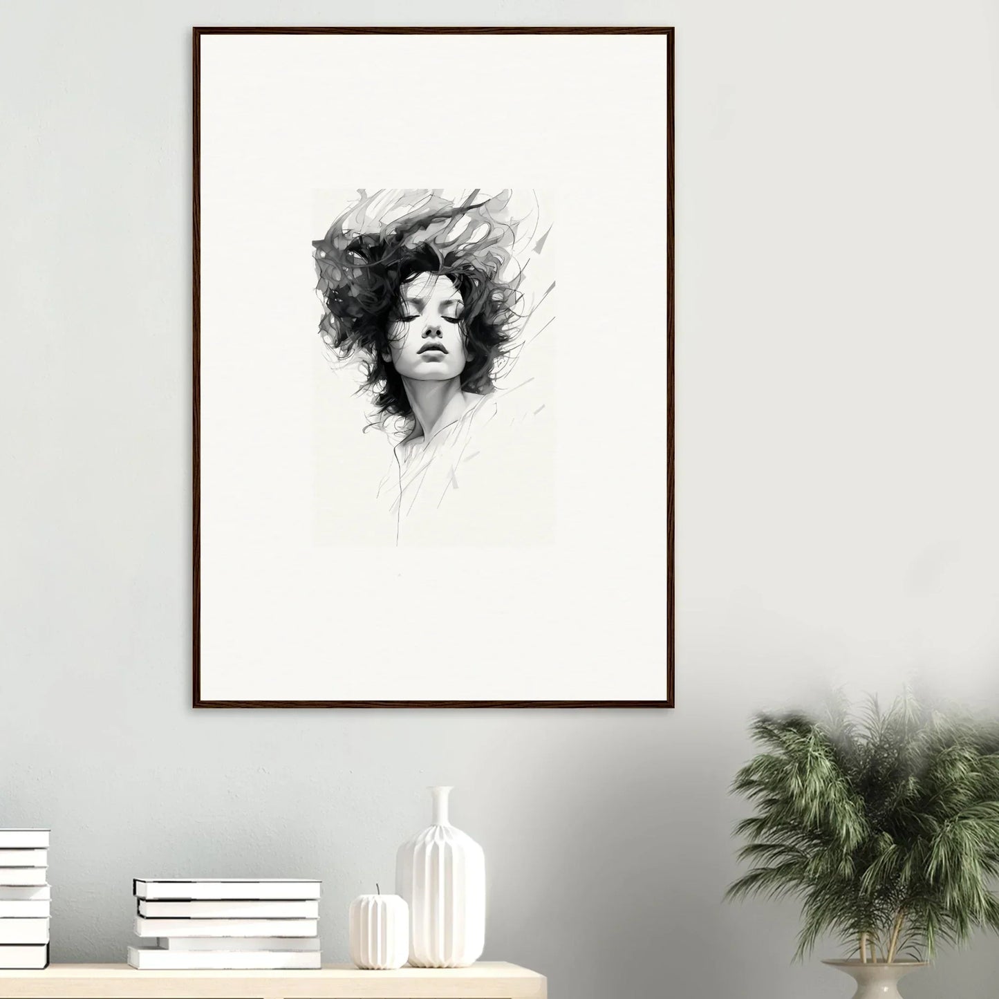 Framed black and white portrait sketch of a woman for dreambound elegance room decor