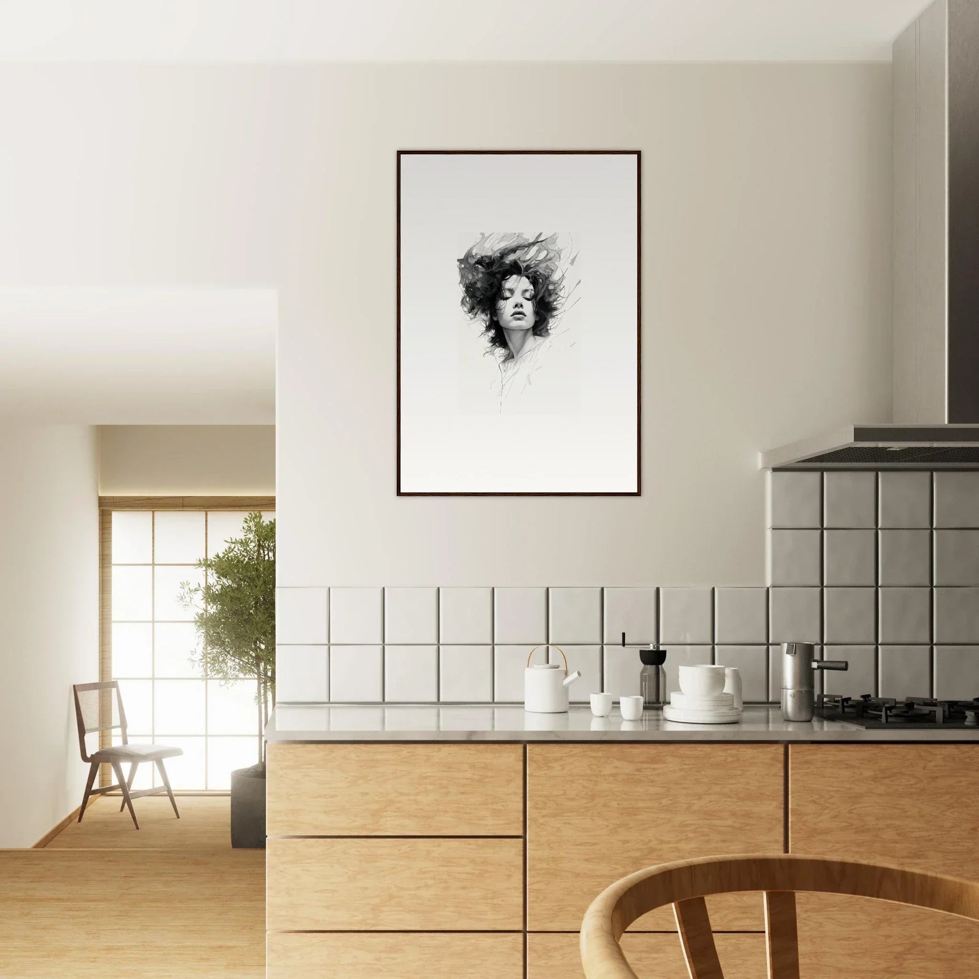 Framed black and white sketch of a windswept face for dreambound elegance room decor