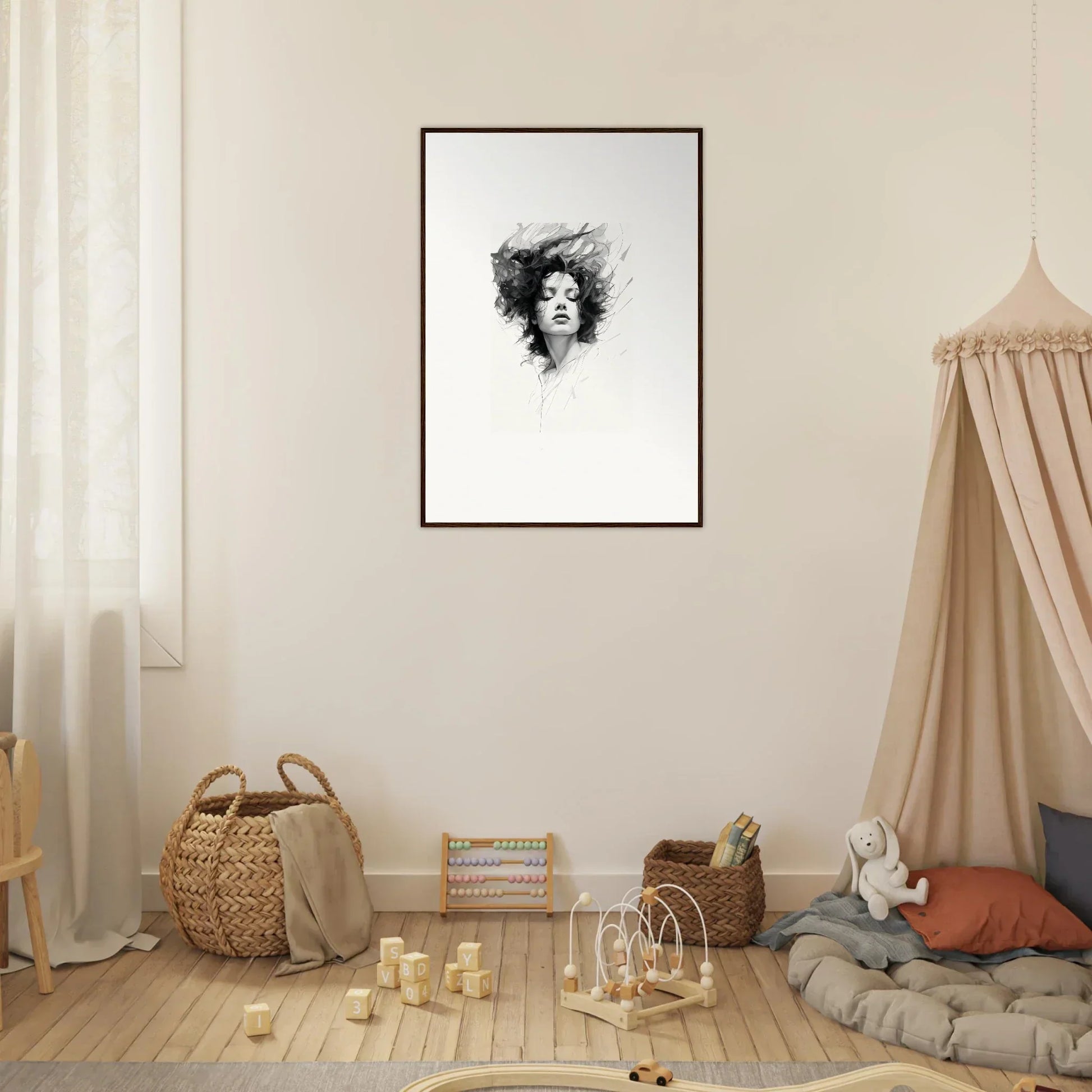 Framed black and white portrait sketch showcasing dreambound elegance for unique room decor