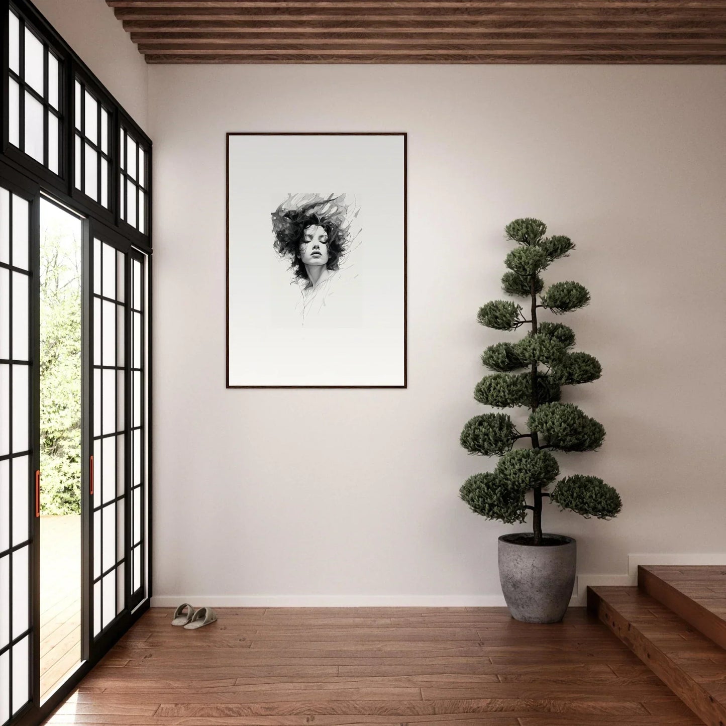 Framed black and white portrait sketch for elegant room decor, showcasing Dreambound Elegance