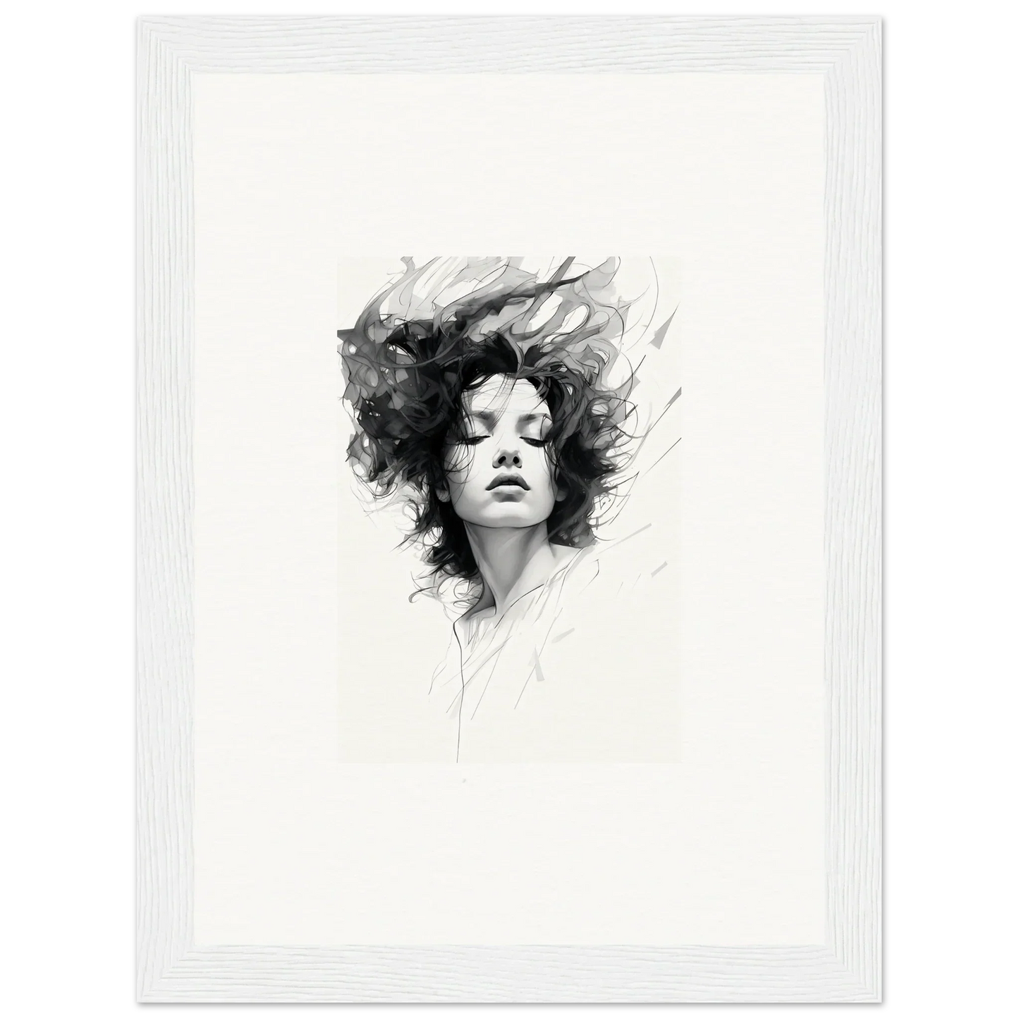 Black and white portrait sketch of a woman embodying Dreambound Elegance for room decor