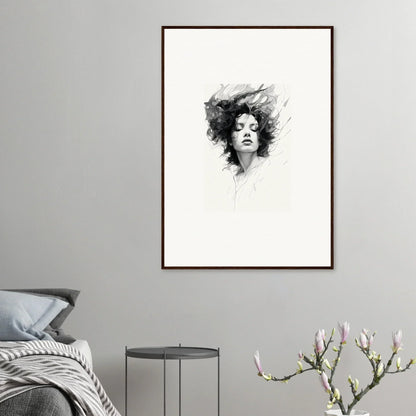 Framed black and white portrait with flowing hair for dreambound elegance room decor