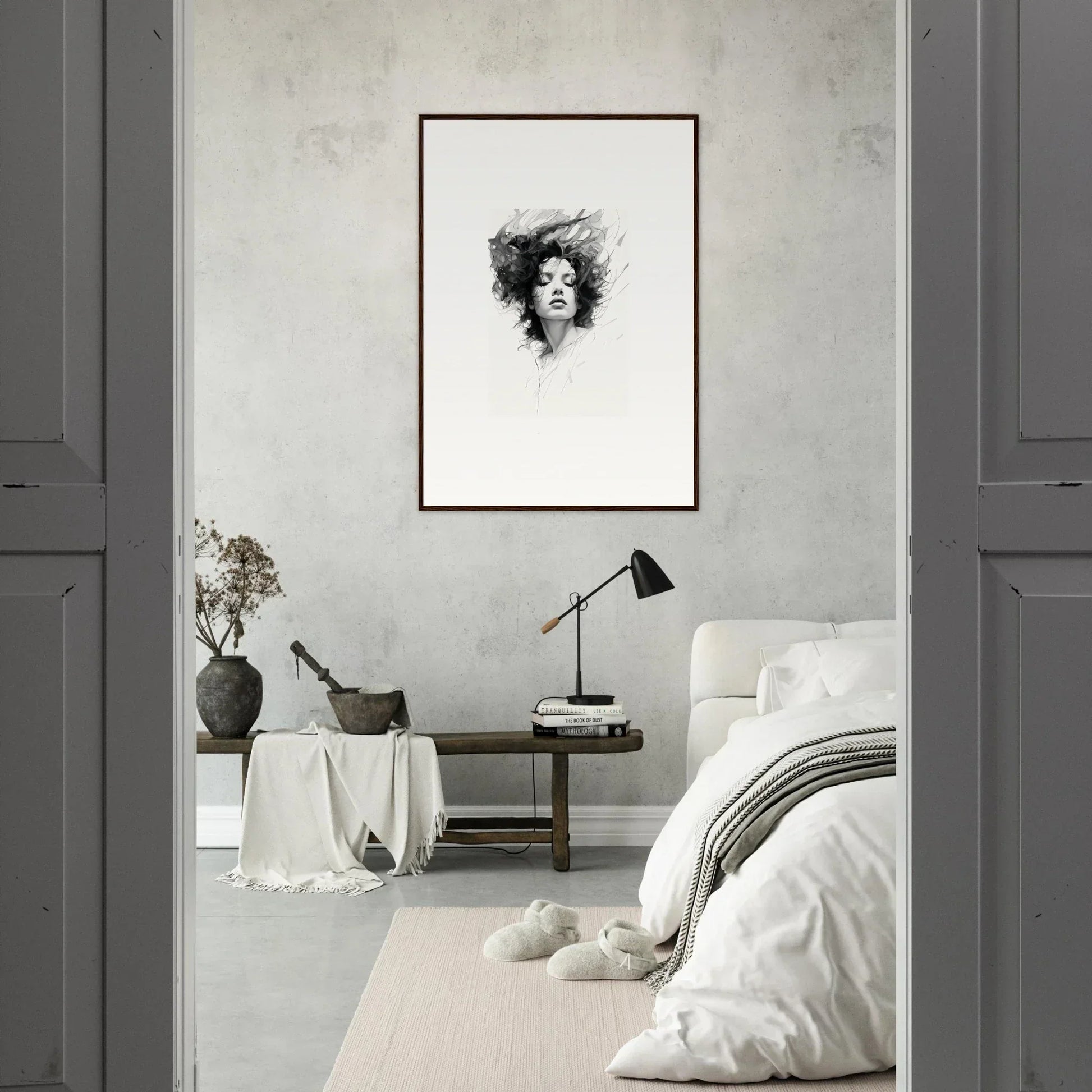 Framed black and white portrait with wild hair, ideal for Dreambound Elegance room decor