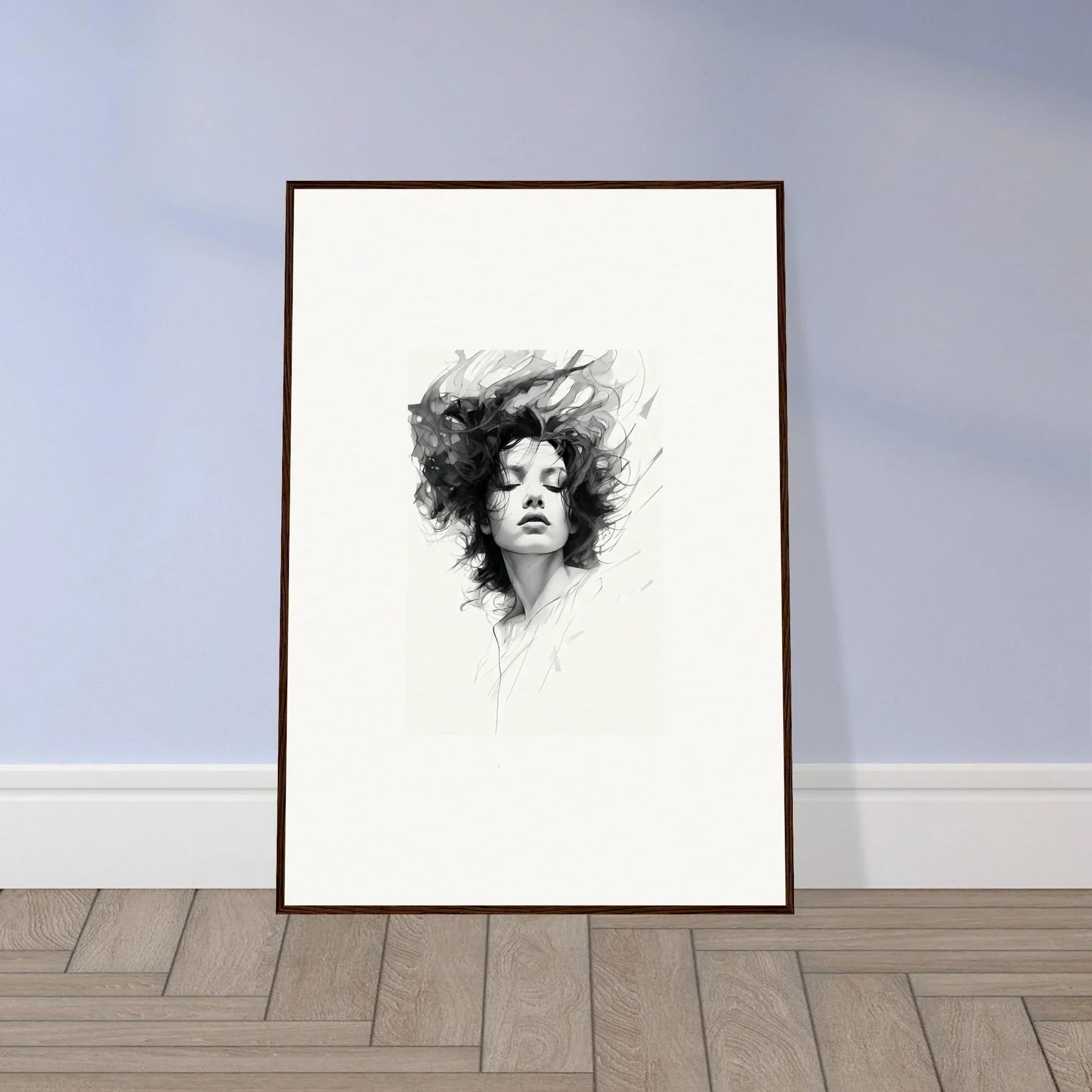 Framed black and white portrait drawing with flowing hair for dreambound elegance room decor