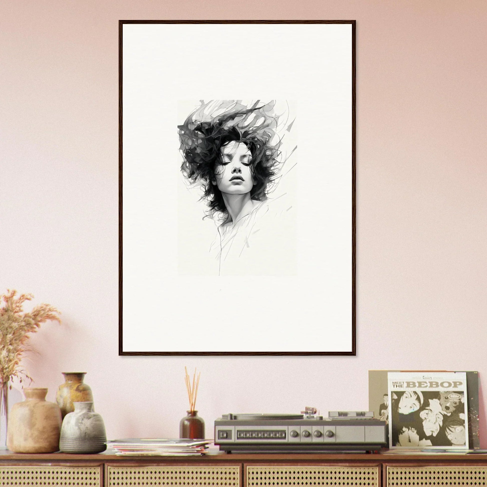 Framed black and white portrait of flowing hair for dreambound elegance room decor