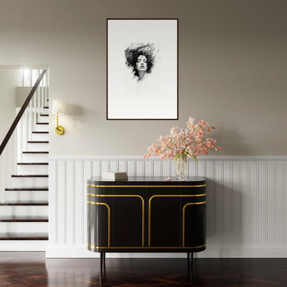 Stylish entryway with black and gold console table, floral arrangement, and framed wall art