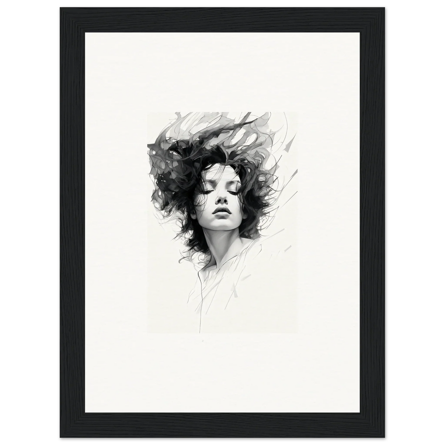 Black and white portrait sketch with flowing hair, ideal for Dreambound Elegance room decor