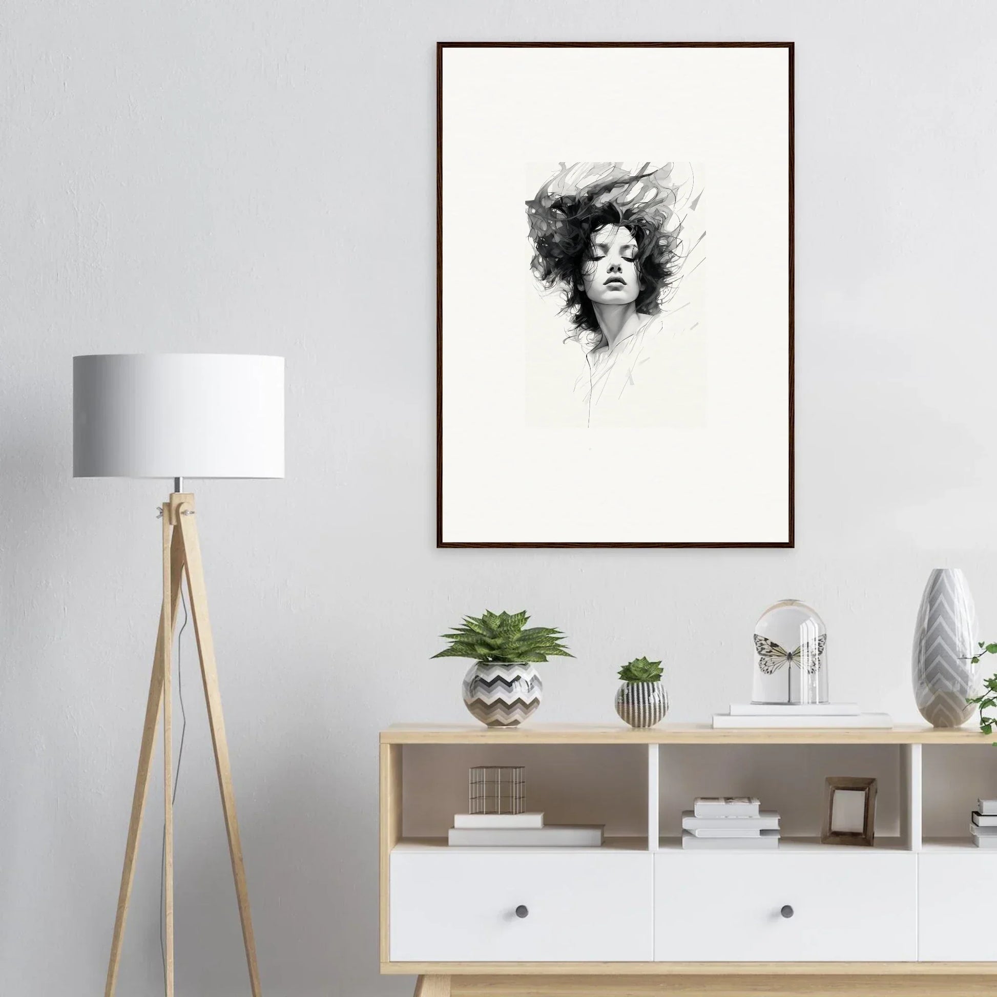 Framed black and white portrait sketch of flowing hair for dreambound elegance room decor