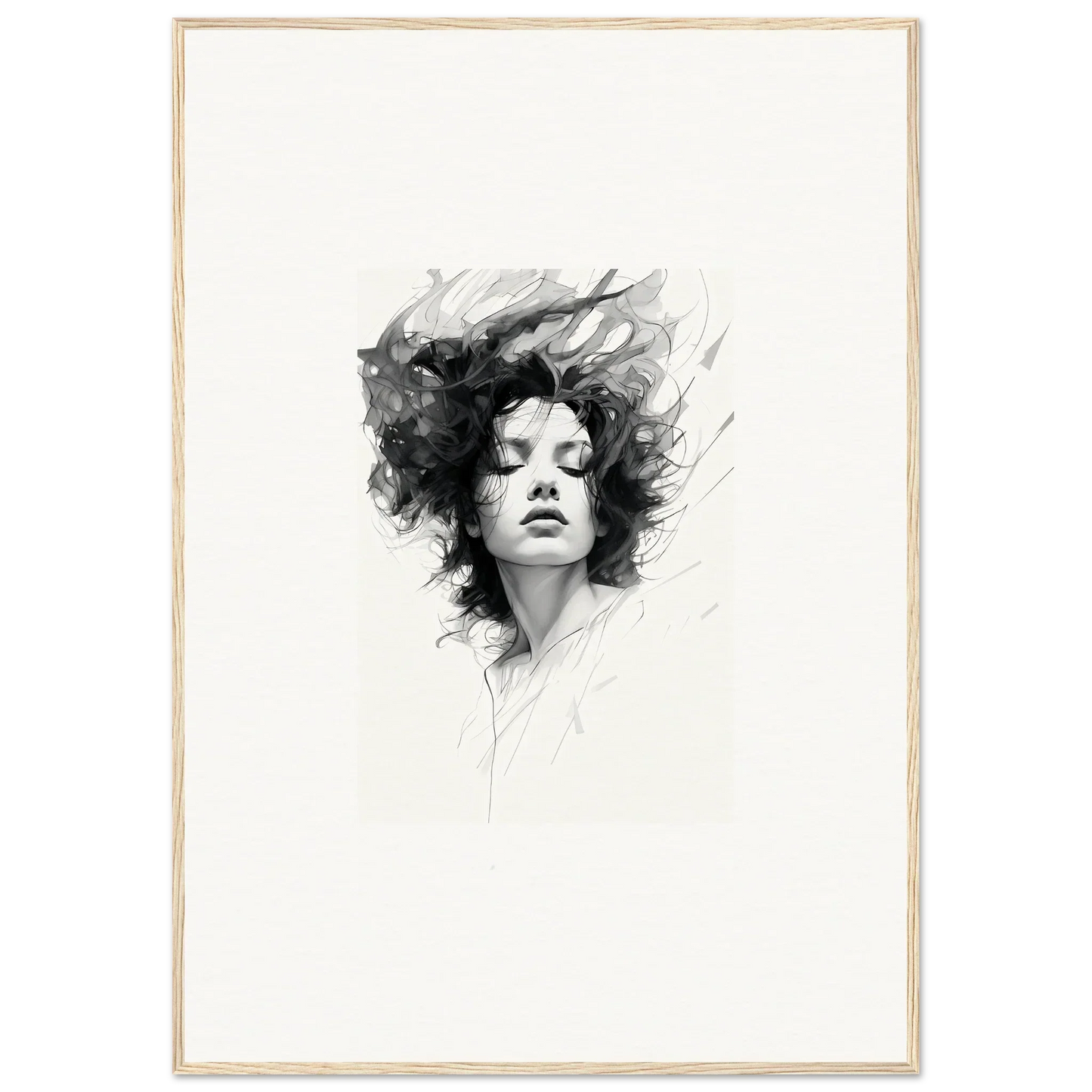 Black and white portrait sketch of a woman embodying dreambound elegance for room decor