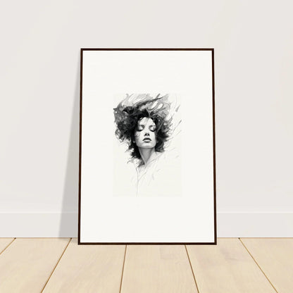 Framed black and white portrait sketch with flowing hair for elegant room decor