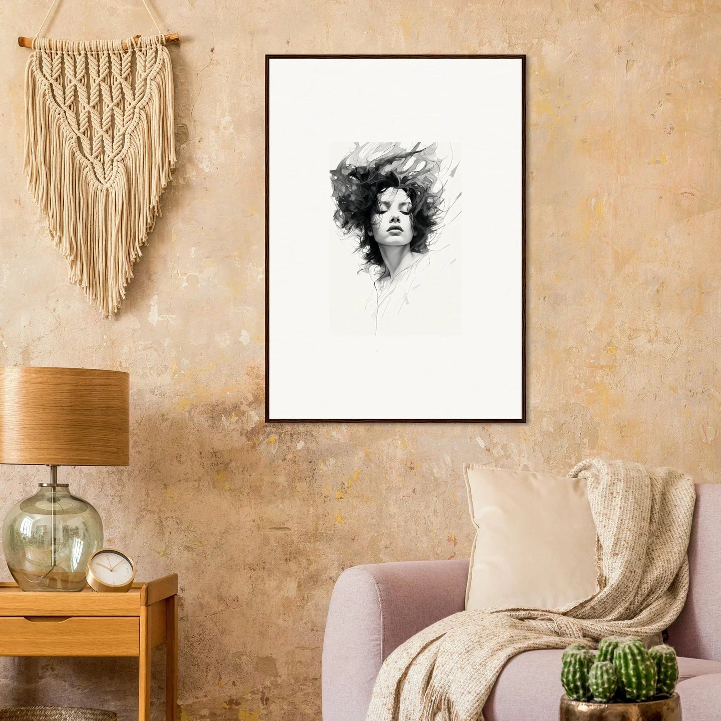 Black and white portrait of flowing hair showcasing Dreambound Elegance for room decor