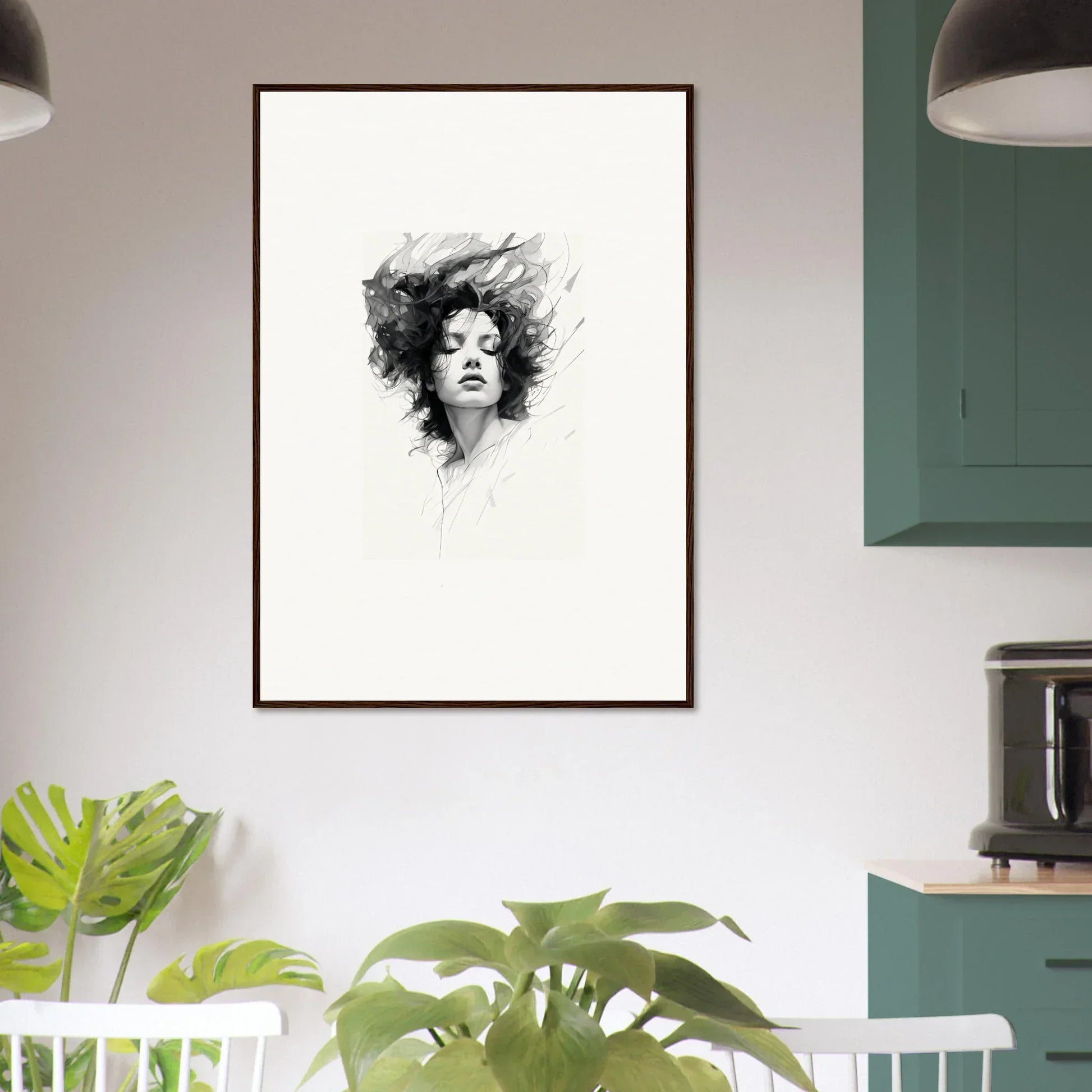 Framed black and white portrait of a woman with flowing hair for dreambound elegance room decor