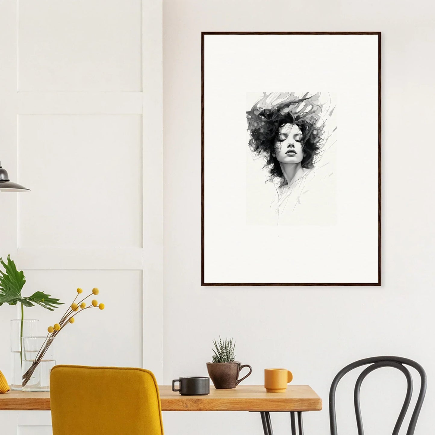 Framed black and white portrait sketch of a woman for elegant room decor