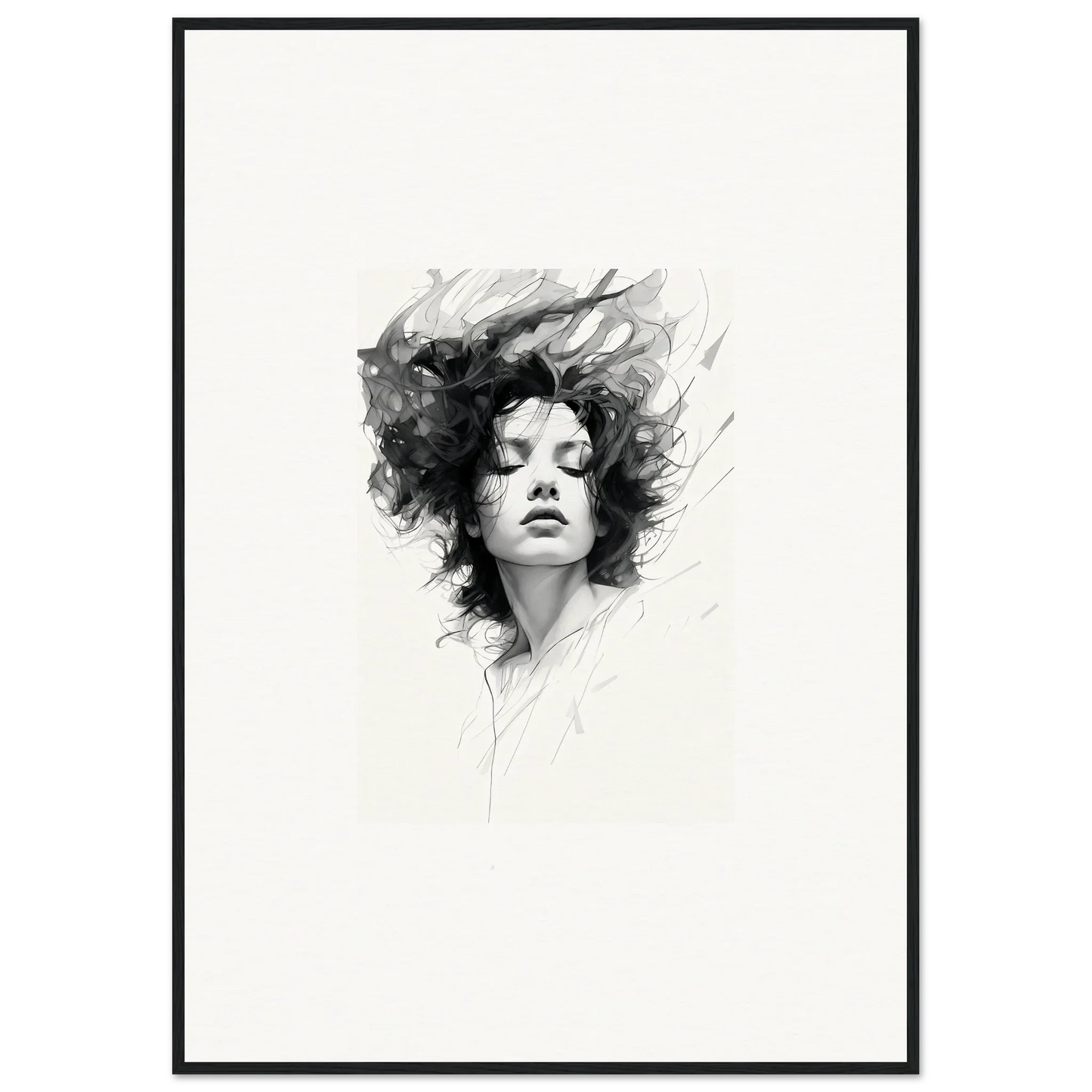 Black and white portrait sketch with flowing hair, ideal for Dreambound Elegance room decor