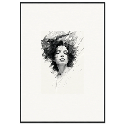 Black and white portrait sketch with flowing hair, ideal for Dreambound Elegance room decor