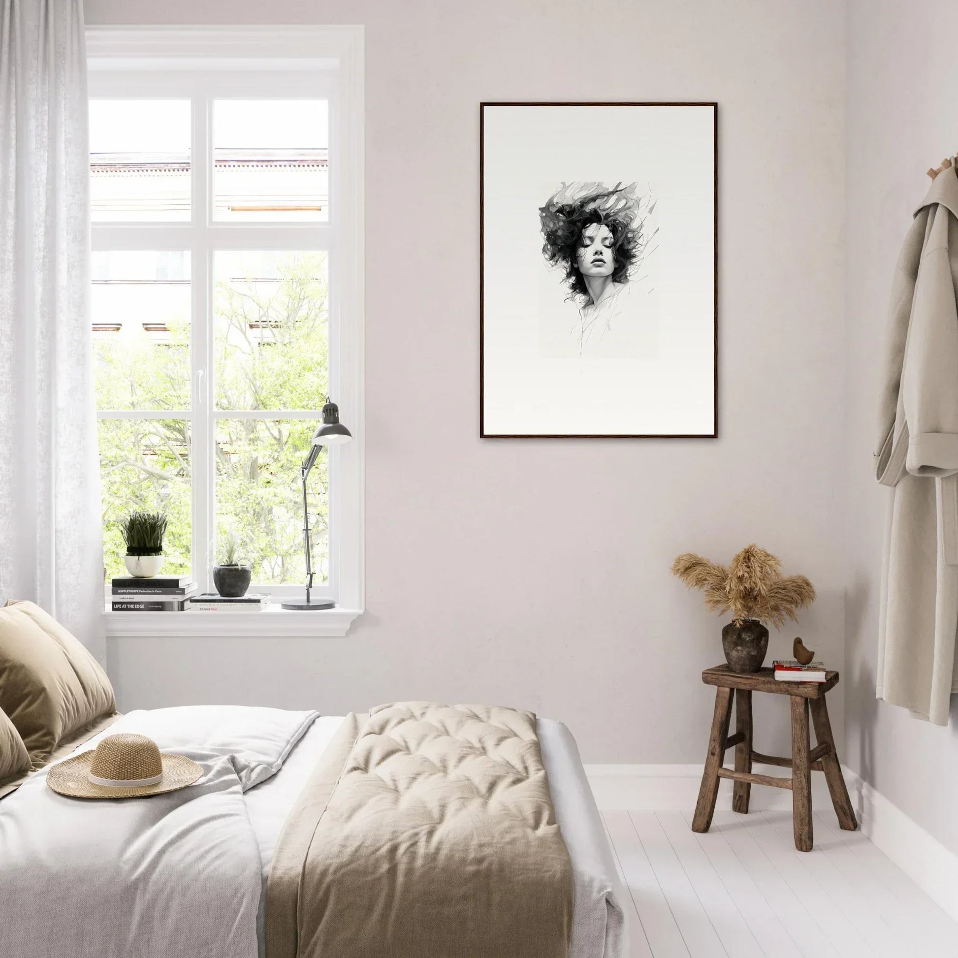 Minimalist bedroom featuring Framed Wall Art in Dreambound Elegance room decor