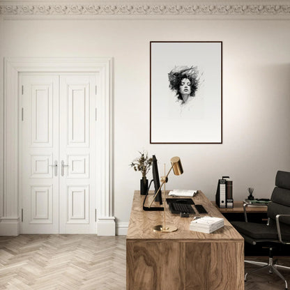 Stylish home office featuring a wooden desk and framed wall art for dreambound elegance