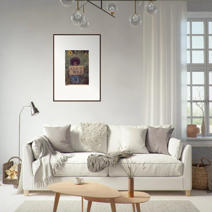 White sofa with cozy pillows and blankets, perfect for a Flourish Untamed Whispers decor vibe