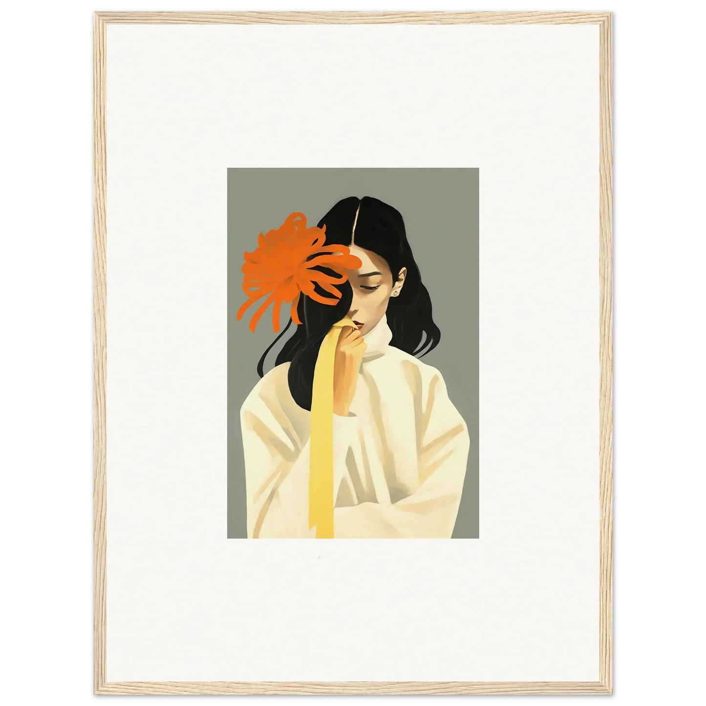 Framed canvas print of a woman with dark hair and an orange flower for room decoration