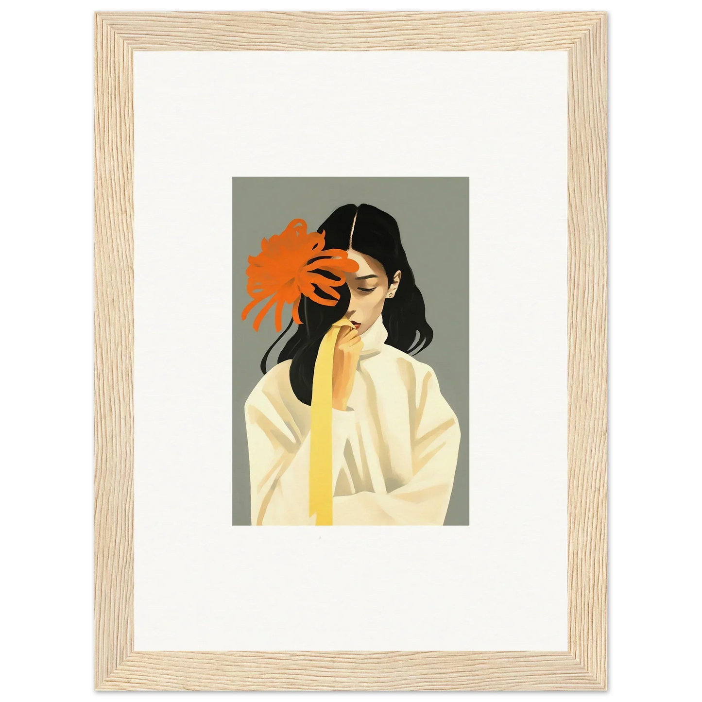 Framed canvas print of a woman with dark hair and an orange flower for dreams eternity room decoration